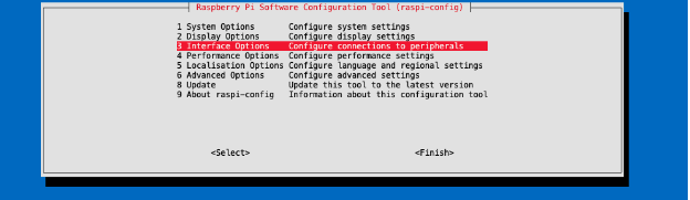 raspi-config tool interface with Interface Options selected.